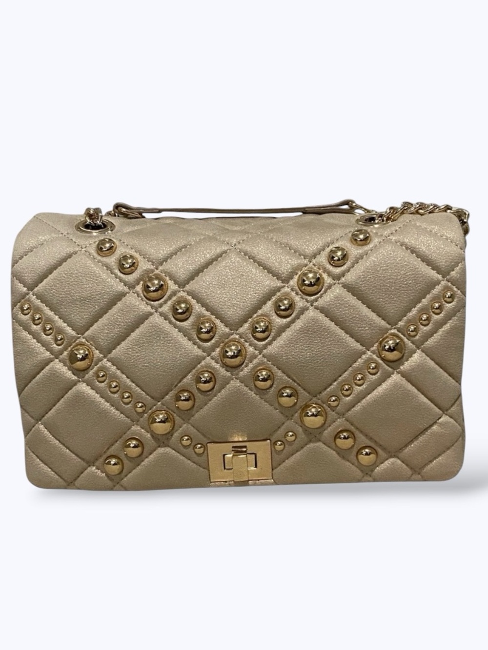 INC Pearl Champagne Shimmery Cream Soft Quilted Gold Studded Handbag Crossbody